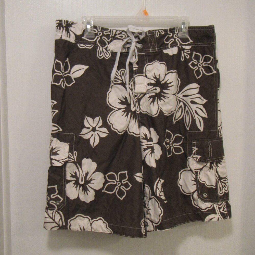 Men's Merona Hawaiian Floral Tropical Swimwear Swim Trunks Board Shorts L Brown